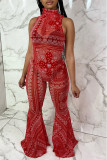 Black Network Sexy Print Mesh perspective HOLLOWED OUT Boot Cut Sleeveless Two Pieces