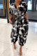 Black Fashion Casual Camouflage Print Basic Turndown Collar Regular Jumpsuits
