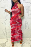 Orange Fashion Sexy Print Backless Halter Sleeveless Dress Dresses