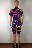 Red Casual Print Zippered Patchwork Short Sleeve Two Pieces