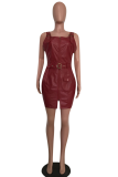 Burgundy Sexy Solid Patchwork V Neck Pencil Skirt Dresses