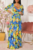 Multicolor Fashion Casual Print Bandage V Neck Long Dress