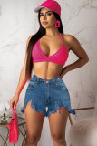 Yellow Denim Button Fly Zipper Fly Mid Asymmetrical Patchwork Straight shorts 