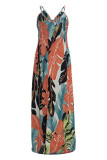 Navy Blue Casual Off The Shoulder Sleeveless Slip Swagger Floor-Length Print Patchwork