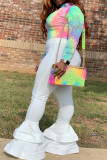 Blue Casual Street Print Tie-dye V Neck Long Sleeve Two Pieces