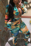 multicolor Street Print Bandage Tie-dye O Neck Long Sleeve Two Pieces