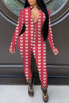 Red Fashion Living Print Basic Zipper Collar Skinny Jumpsuits