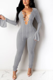 Black Fashion Sexy Solid Patchwork V Neck Skinny Jumpsuits