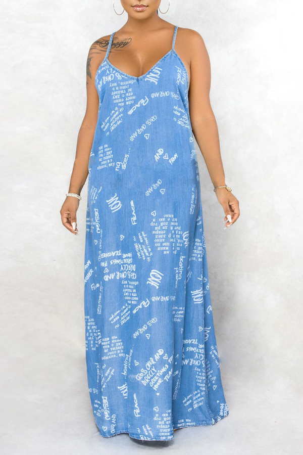 Sky Blue Sexy Print Patchwork Spaghetti Strap Straight Dresses