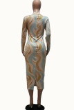 Green Sexy Milk Fiber Print O Neck Long Sleeve Ankle Length Pencil Skirt Dresses