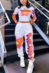 Orange Fashion Casual Adult Print Patchwork O Neck Long Sleeve Regular Sleeve Short Two Pieces