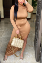 Khaki Casual Solid Slit Turtleneck Irregular Dress Dresses