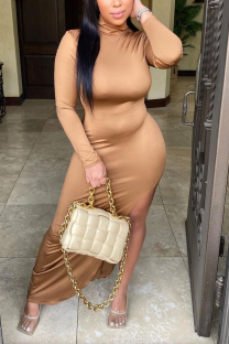Khaki Casual Solid Slit Turtleneck Irregular Dress Dresses