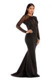 Wine Red Fashion adult Celebrities Cap Sleeve Long Sleeves O neck Mermaid Floor-Length Sequin Patch