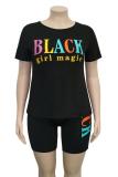 Black Fashion Casual adult O Neck Letter Patchwork Print Two Piece Suits Stitching Plus Size