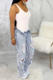 Baby Blue Casual Patchwork Ripped Mid Waist Boot Cut Denim Jeans