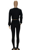 Black Fashion Casual Pit Article Fabrics Letter Embroidered Boat Neck Two Pieces