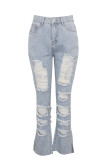 Baby Blue Sexy Solid Ripped High Waist Denim