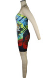 Green Fashion Sexy adult Ma'am Green Pink Off The Shoulder Sleeveless One word collar Step Skirt Knee-Length Print Patchwork Dresses