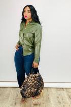 Green PU Notched Long Sleeve Patchwork Slim fit Solid Button Long Sleeve Tops