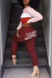 Wine Red Fashion Casual Street Sportswear Blends Letter Print Solid Pants Straight Bottoms