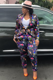 Black venetian Casual Patchwork Print Two Piece Suits Straight Long Sleeve Two-piece Pants Set
