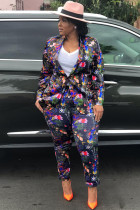 Black venetian Casual Patchwork Print Two Piece Suits Straight Long Sleeve Two-piece Pants Set