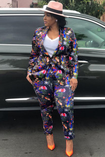 Black venetian Casual Patchwork Print Two Piece Suits Straight Long Sleeve Two-piece Pants Set