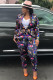 Black venetian Casual Patchwork Print Two Piece Suits Straight Long Sleeve Two-piece Pants Set