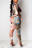 Multicolor Fashion Casual Print Basic Turndown Collar Long Sleeve Two Pieces