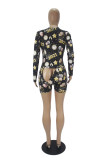 Black Casual Living Print Basic V Neck Skinny Romper