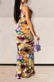 Colour Sexy Print Hollowed Out O Neck Trumpet Mermaid Dresses