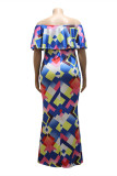 Blue Fashion Sexy Plus Size Print Backless Off the Shoulder Long Dress