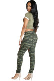 Green Elastic Fly Mid Patchwork Mesh Print Skinny Pants Pants