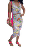 White Fashion Casual adult Patchwork Print Character Two Piece Suits pencil Sleeveless Two Pieces
