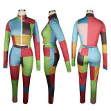 Colour Sexy Print Patchwork O Neck Long Sleeve Two Pieces