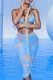 Light Blue Fashion Sexy Print Bandage See-through Backless Halter Sleeveless Three-piece Set