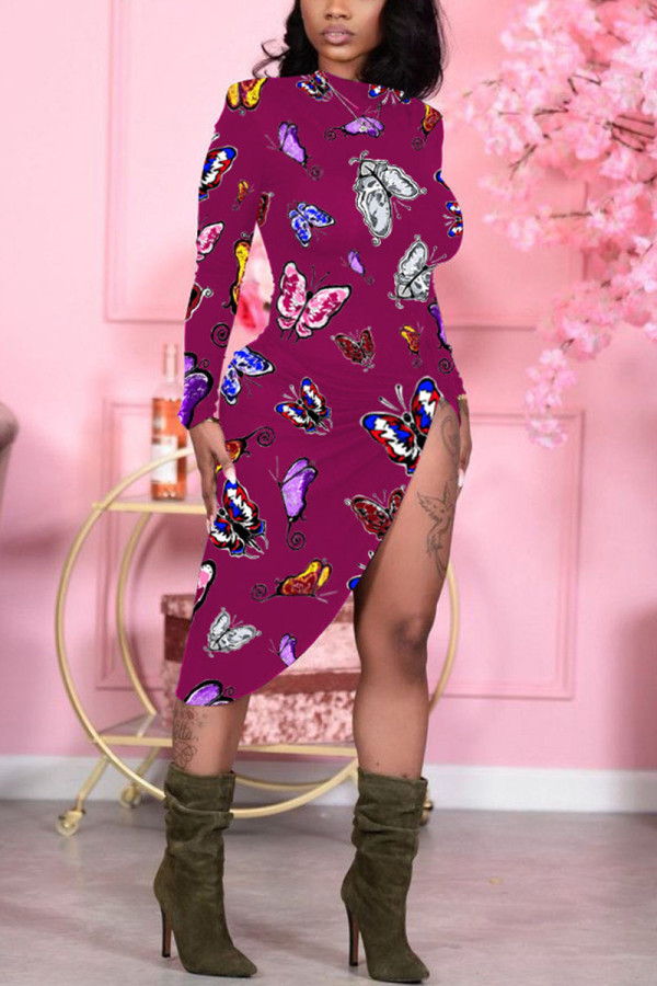 Rose Red Sexy Print Butterfly Print Patchwork O Neck Pencil Skirt Dresses