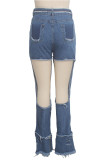 Blue Denim Button Fly Sleeveless High Hole Solid Patchwork Boot Cut Pants Pants