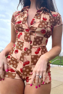 Coffee Fashion Casual Print Basic Turndown Collar Skinny Romper