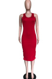 Red Fashion Solid Backless Asymmetrical O Neck Asymmetrical Dresses