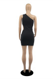 Black Sexy Solid Hollowed Out Fold One Shoulder Sleeveless Dress