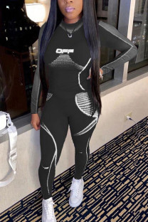 Black Fashion Casual adult Ma'am Print Two Piece Suits pencil Long Sleeve Two Pieces
