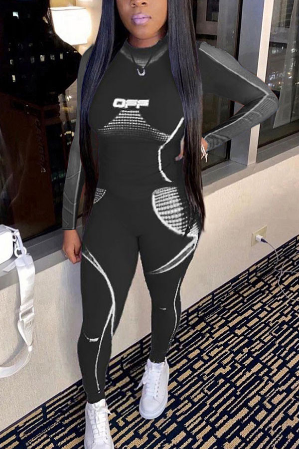 Black Fashion Casual adult Ma'am Print Two Piece Suits pencil Long Sleeve Two Pieces