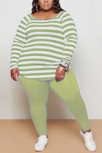 Green Casual Striped Print Patchwork O Neck Plus Size 