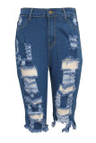 Blue Denim Button Fly Mid Patchwork Solid Hole washing Old Straight Capris Bottoms