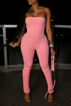 Pink Sexy Casual Solid Backless Fold Strapless Skinny Jumpsuits