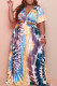 Blue Casual Print Bandage Patchwork V Neck Pleated Plus Size Two Pieces