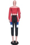Red Elastic Fly Long Sleeve Mid Print Patchwork pencil Pants