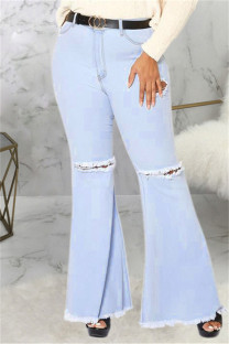 Baby Blue Fashion Casual Solid Ripped Without Belt Plus Size Jeans